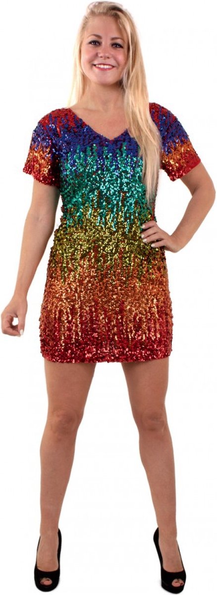 Brazilie & Samba Kostuum | Oogverblindende Glitter Regenboog Jurk Vrouw | Large | Carnaval kostuum | Verkleedkleding